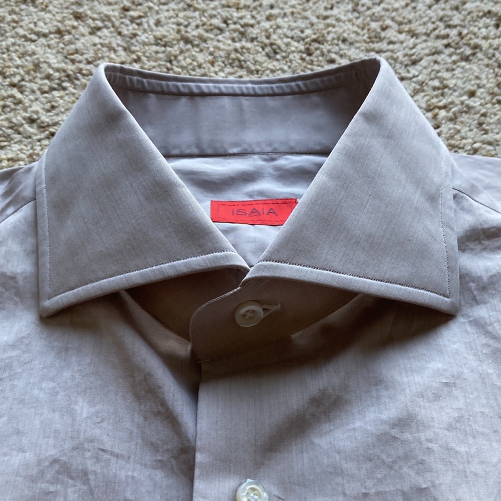 Isaia Napoli Men’s Solid Gray Beige Cotton Dress Shirt NWOT (Imperfect) - Picture 3 of 14